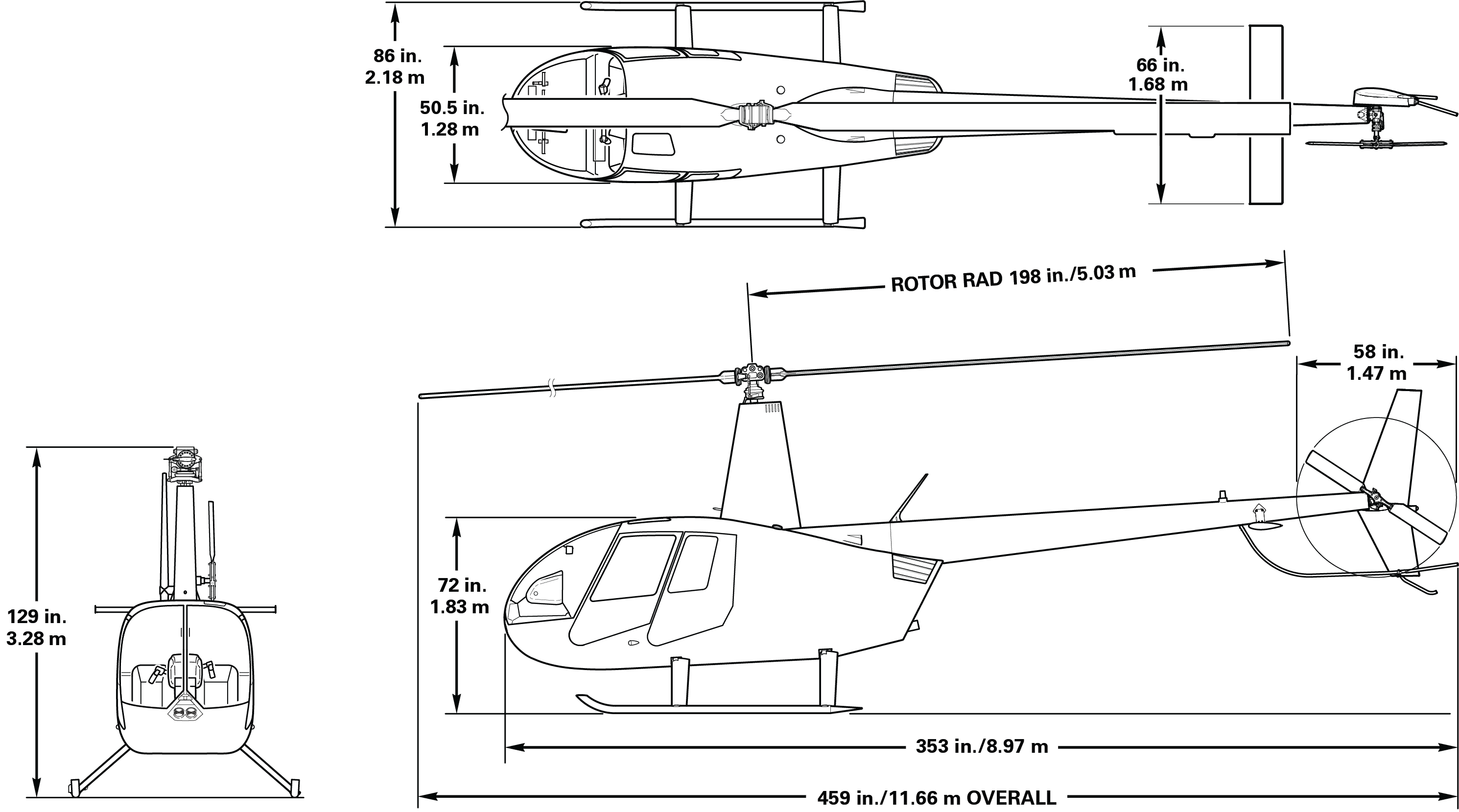 R44 Cadet / Cadet with Floats Dimensions Diagram
