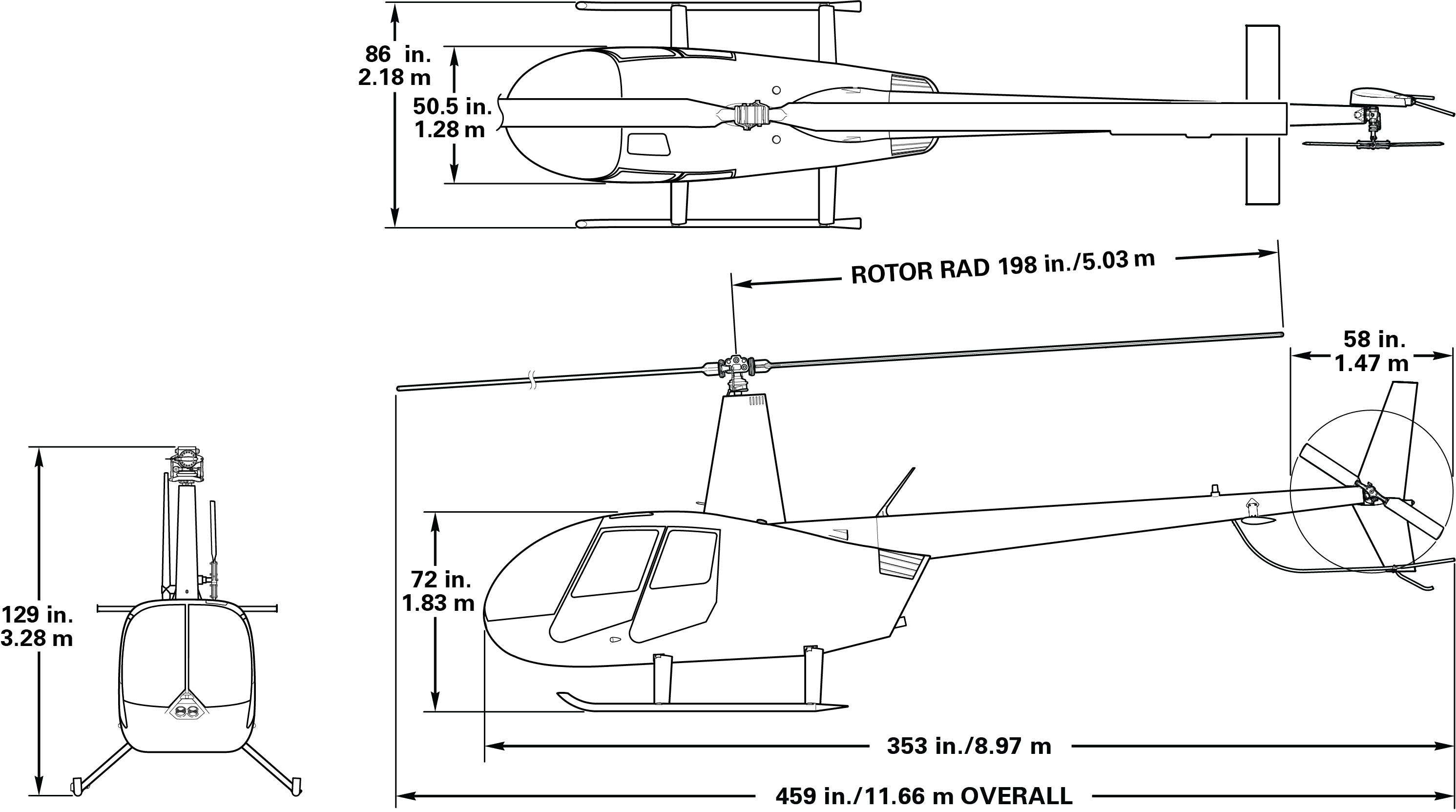 R44 Raven II & Clipper II Dimensions Diagram