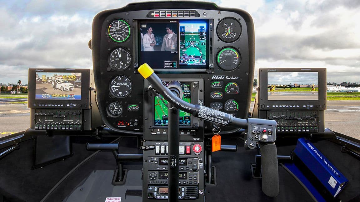 R66 Newscopter forward cabin shown with Garmin G500H 1060 TXi PFD/MFD, Genesys HeliSAS Autopilot, Garmin GTR 225A, Garmin GTX 335, monitors, digital audio controllers, and optional Garmin GTN 750.